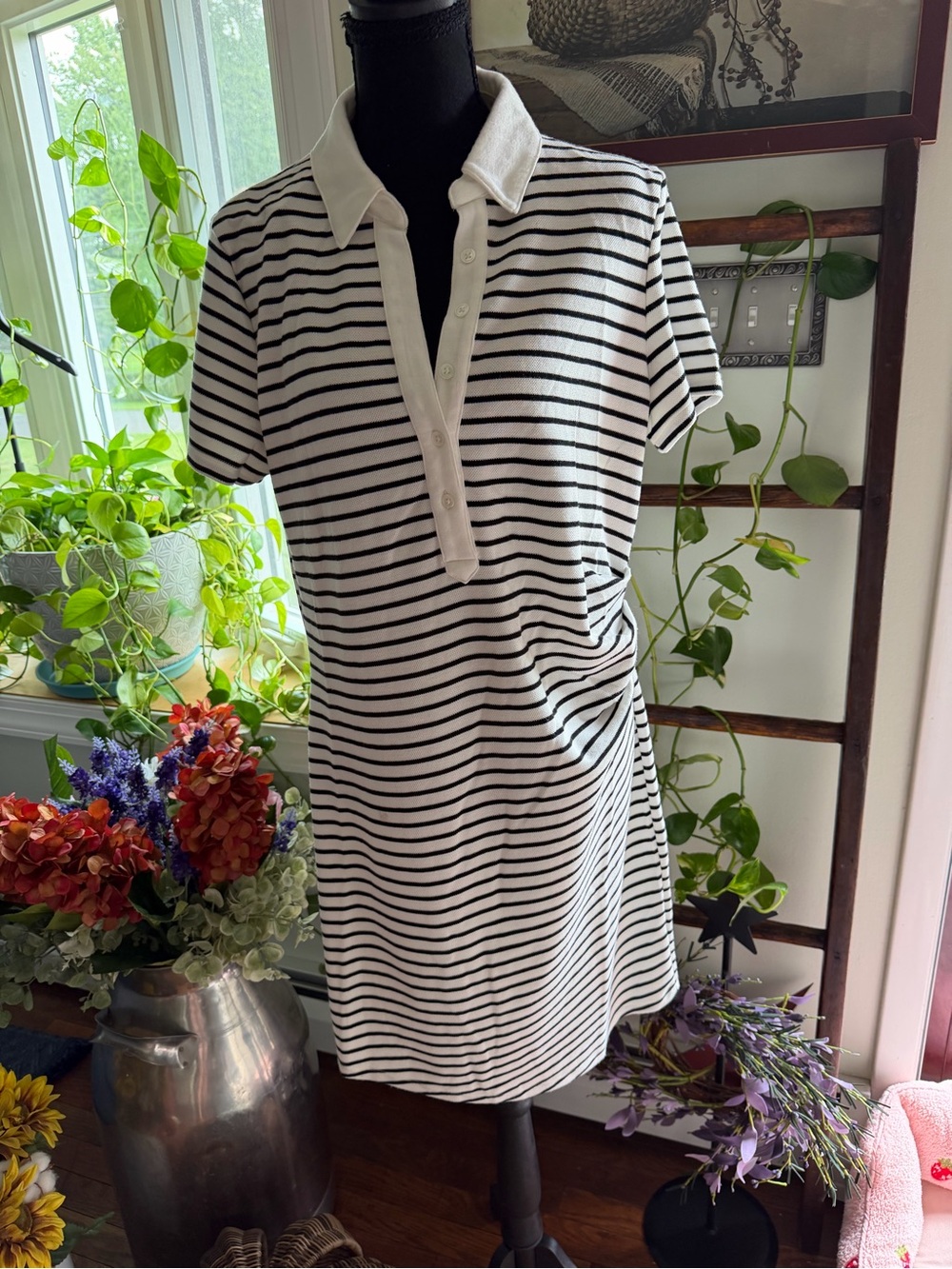 Sundry Black & White Striped Polo Mini Dress